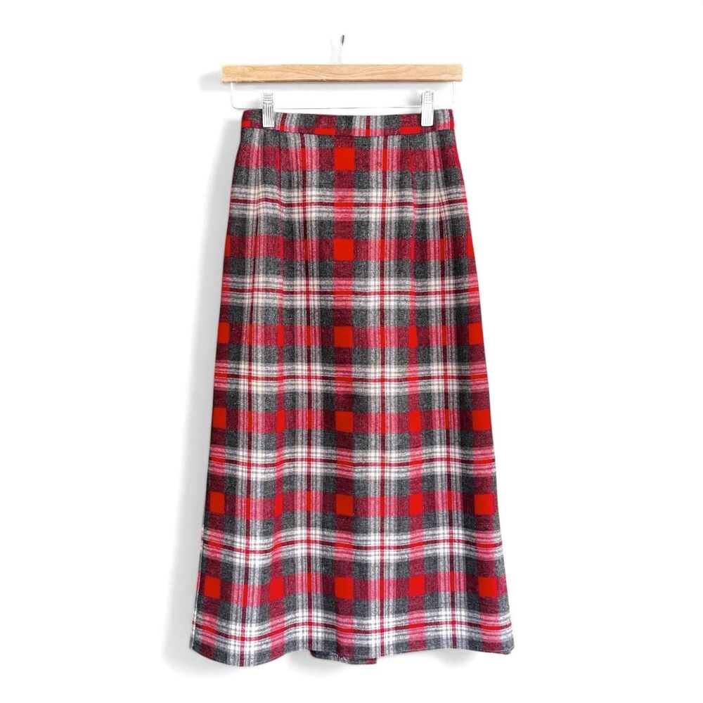 Vintage Wool Tartan Plaid Pencil Skirt w/Pleat Hand Sewn Gray/Red/White Sz XS/S